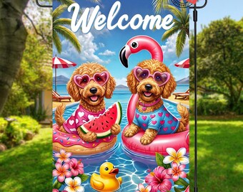 Goldendoodle Garden Flag PNG: Summer Template File (Digital Download, 12"x18")