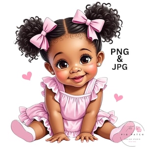 Cute Baby Black Girl Clipart, Adorable Black Baby Girl, Afro Baby Girl, Nursery Art, Printable, Melanin, Digital Download, PNG, JPG