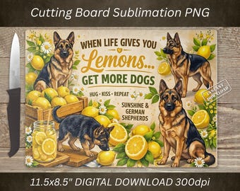 Tabla de cortar con diseño de perro pastor alemán en formato PNG, diseño de limón por sublimación, decoración de cocina (descarga digital).
