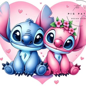 Heart Stitch and Angel, Stitch and Angel png, Stitch Design, cute cartoon character, transparent design, instant download