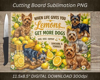 Yorkie Dog Cutting Board PNG, Lemon Sublimation Design, Kitchen Decor (Digital Download)