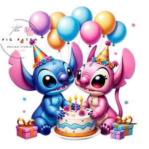 May include: A digital illustration featuring two cartoon characters, one blue and one pink, celebrating a birthday. They are wearing party hats and surrounded by balloons and gifts. A cake with lit candles sits between them.