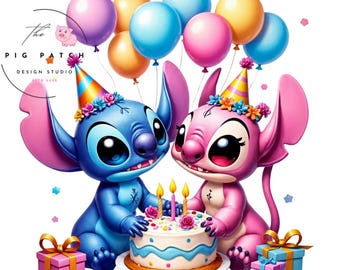 Stitch and Angel Birthday PNG: Cartoon Design (Digital Download)