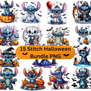 Może przedstawiać: Zestaw 15 obrazów PNG z postacią Stitch w tematyce Halloween. Każdy obraz przedstawia Stitch w różnych kostiumach, otoczonego dyniami, nietoperzami i pajęczynami. Tekst "15 Stitch Halloween Bundle PNG" jest obecny.
