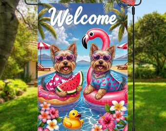 Bandera de jardín con diseño de perro Yorkshire Terrier en formato PNG: Plantilla de verano (descarga digital, 12"x18")