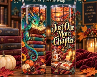 Dragon Book Lover 20 oz Tumbler Wrap PNG, Autumn Reading Design (Digital Download)