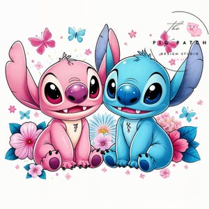 Stitch and Angel, Stitch and Angel png, Stitch Design, cute cartoon character, transparent design, instant download
