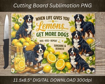 Bernese Mountain Dog Cutting Board PNG, Lemon Sublimation Design, Kitchen Decor (Digital Download)