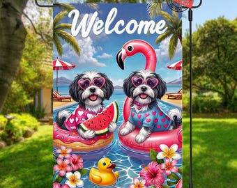 Bandera de jardín con perro Shih Tzu PNG: Archivo de plantilla de verano (descarga digital, 12"x18")