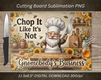 Gnome Cutting Board PNG, Honey Bee Sublimation Design, Cutting Board PNG Sunflower Chopping Board File Design (Digital Download)