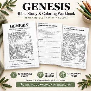 May include: A Genesis Bible Study & Coloring Workbook digital download featuring 48 printable pages, 12 study lessons, and 12 coloring pages. The cover and interior pages display black and white line art illustrations of nature scenes.