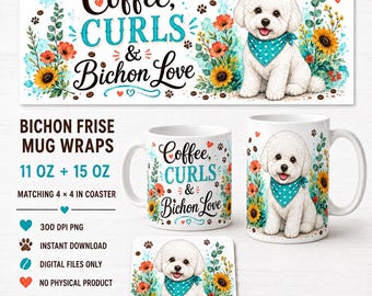 Bichon Frise Dog PNG Mug Wrap Bundle, 11oz 15oz,  Coaster (Digital Download)