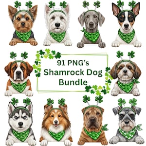 May include: Nine dog illustrations, each adorned with a green shamrock headband and bandana. The image features the text "91 PNG's Shamrock Dog Bundle" in green, perfect for St. Patrick's Day.