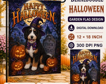 Bernedoodle Dog Garden Flag: Halloween PNG File (Digital Download, 12"x18")
