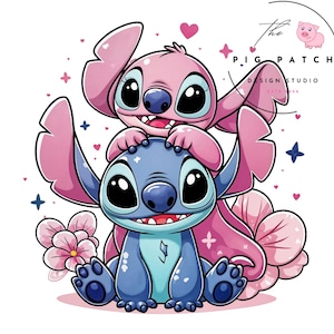 以下が含まれることがあります： 大きな目と笑顔の、青とピンクの2人のキャラクターの漫画イラスト。ピンクのキャラクターは青いキャラクターの上にいます。ピンクの花、ハート、星がそれらを囲んでいます。Pig Patch Design Studioのロゴが見えます。