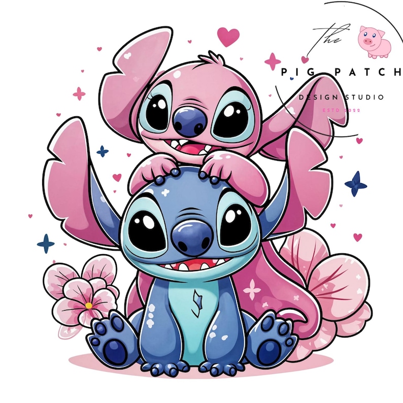 May include: A cartoon illustration featuring two characters, one blue and one pink, with large eyes and smiles. The pink character is on top of the blue one. Pink hearts, flowers, and stars surround them. The Pig Patch Design Studio logo is in the top right.
