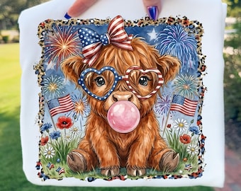 Vaca de las Tierras Altas, 4 de julio, PNG, diseño patriótico con estampado de leopardo (descarga digital)