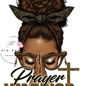 Peut inclure: Illustration numérique d'une femme aux yeux fermés, les mains jointes en prière, avec une croix et le texte "Prayer Warrior". La femme porte des lunettes et un nœud léopard, avec des cheveux bruns bouclés.