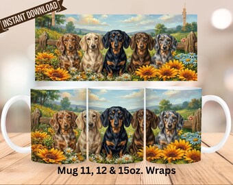 Diseño PNG para envolver tazas con imágenes de perros salchicha (descarga digital)