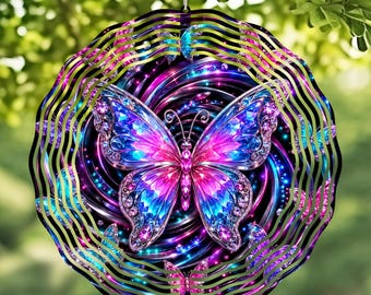 Neon Butterfly Wind Spinner Design PNG, 3D Garden Decor (Digital Download)