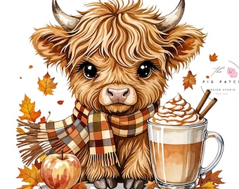 Fall Highland Cow PNG, Scarf, Pumpkin Spice Latte (Digital Download)