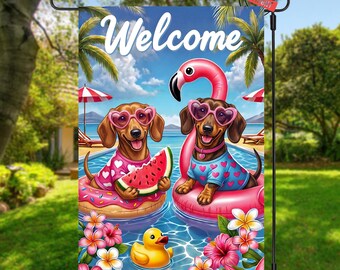 Bandera de jardín con perro salchicha PNG: Plantilla de verano (descarga digital, 12"x18")