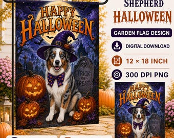 Australian Shepherd Dog Garden Flag: Halloween PNG File (Digital Download, 12"x18")