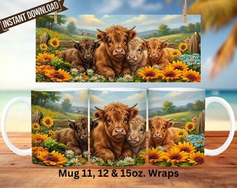 Diseño PNG de vacas de las Tierras Altas para envolver tazas (descarga digital)