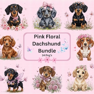 Könnte beinhalten: Ein digitales Kunstpaket mit Dackel-Welpen mit floralen Akzenten und Schmetterlingsdetails. Die Welpen, in verschiedenen Farben, sind mit Blumenkränzen und Schleifen geschmückt. Der Text "Pink Floral Dachshund Bundle" ist auf einem rosa Hintergrund zu sehen.
