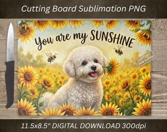 Tabla de cortar con diseño de perro Bichón Frisé (PNG), diseño de girasol por sublimación, decoración de cocina (descarga digital)