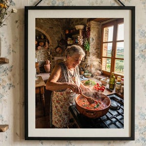 Tryck av rustikt lantkök | Väggkonst med mormors sås | Sagoboksdekor i bondgård | Digital konst | Utskrivbar nedladdning