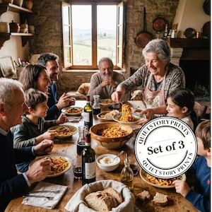 Puede incluir: Una familia reunida alrededor de una mesa de comedor de madera rústica con platos de pasta, botellas de vino, un cuenco de queso rallado y una cesta de pan en rodajas. Una etiqueta blanca circular con texto negro dice QuietStoryPrints Set of 3.