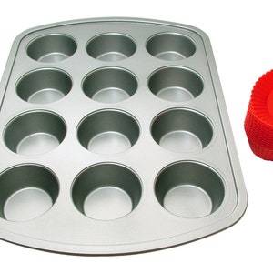 Chefs Nonstick Carbon Steel Silver Baking Pan with 12 Red Silicone Muffin Cups Set or 4 Pan Baking ware Set