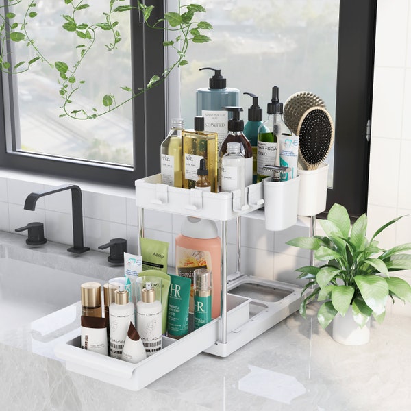2 Shelf Under Sink Organizer w/ Drawer || Bathroom Shampoo and Lotion Rack