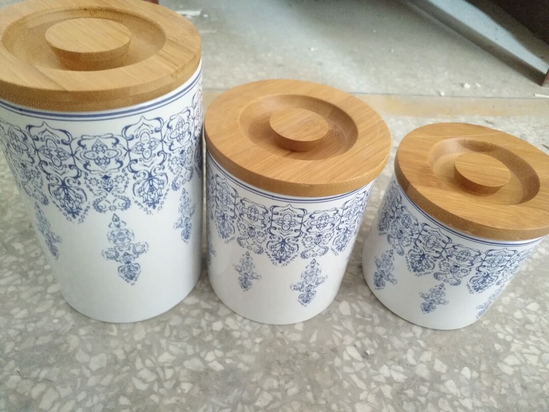Set of 3 Elegant Blue & White Ceramic Storage Canisters