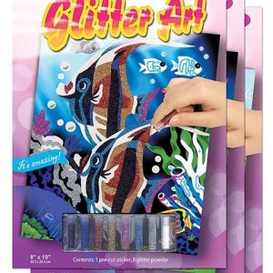 May include: A set of three Glitter Art kits featuring a colorful fish design. Each kit includes one pre-cut sticker and eight glitter powder tubes. The kits are 8 inches by 10 inches (20.3 cm by 25.4 cm).