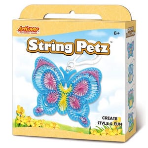 May include: A blue butterfly shaped string art kit with pink, yellow, and white string. The kit includes a plastic frame, string, and a hook. The box says "String Petz" and "Create Style & Fun".