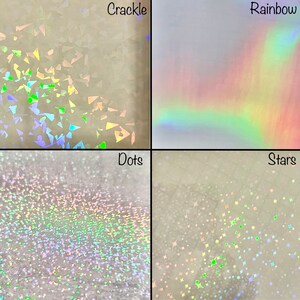 May include: Four samples of iridescent holographic vinyl with different patterns: crackle, rainbow, dots, and stars.