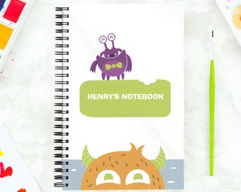 Personalisierte Monster A5 Notizbuch|Paperback|Kinder zurück in die Schule | Personalisiertes Notizbuch für Kinder| Spirale|Sorgenmonster| Gefüttert| Taschenbuch|Kids