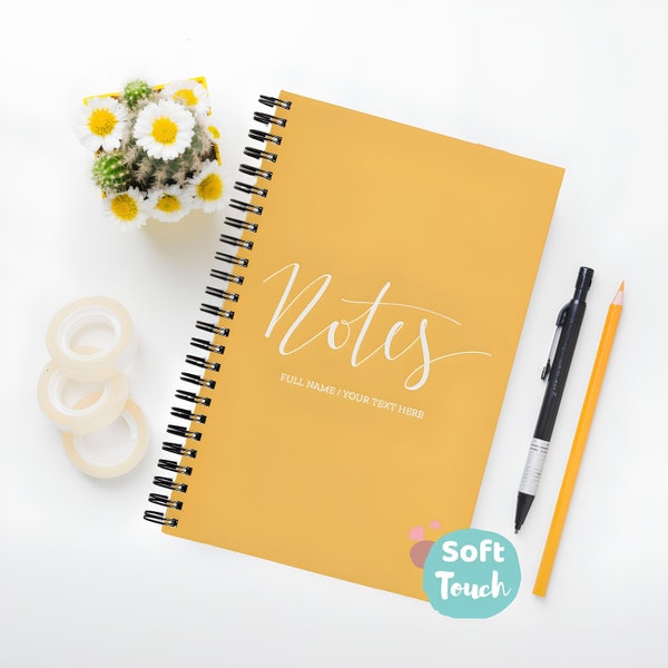 Personalised A5 Notebook with name | Paperback | Gifts for her| | Journal |Soft touch| Gift |Your text here| Notes | Custom |Mustard|Spiral
