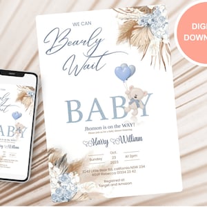 Boho Bear Boy Baby Shower Invitation, We Can Bearly Wait Blue Pampas Invitation editable digital  template D0003