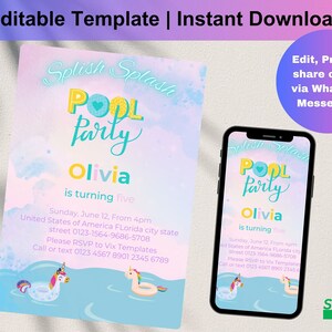 Editable Unicorn Pool Party Invitation Unicorn Pool Party Birthday Invitation Unicorn Pool Float Invite Instant Download Editable, D0248