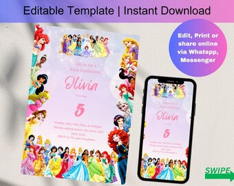 Princess birthday invitation princesses birthday party invitation digital phone 5th princess frozen birthday party invitation for girl D0117