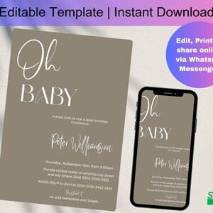 Beige Minimal Boho Baby Shower Invitation, Modern Baby Shower Invite, Neutral Baby Shower Invite, Editable Boho Baby Shower Template, D0124