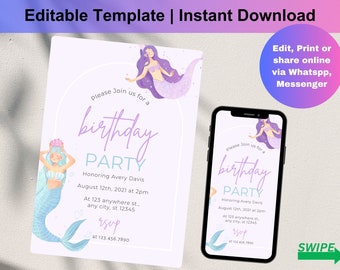 Mermaid Birthday Party Invitations | Mermaid Invite | Instant Download | Girl Birthday | Mermaid Template Download | Digital File, D0152