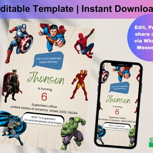 Superhero birthday invitation Superhero Birthday Invite Printable invitation Avengers Party Editable Template Instant download, D0140