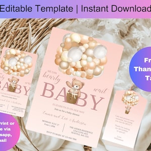 Editable Teddy Bear Hot Air Balloon Baby Shower Invitation Girl Pink Teddy Bear Baby Shower We Can Bearly Wait Shower Instant Download D0048
