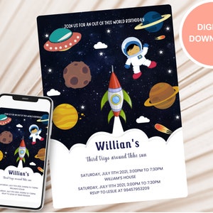 Outer Space Birthday Invitation Template, Planets Rocket Ship Astronaut Invite, Galaxy Blast Off Invitation, Editable Invitation D0009