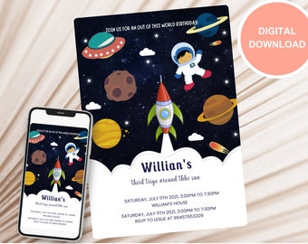 Outer Space Birthday Invitation Template, Planets Rocket Ship Astronaut Invite, Galaxy Blast Off Invitation, Editable Invitation D0009