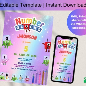 Editable Numberblocks Birthday Invitations | Number Blocks Invite | Numberblocks Evite | Editable in Canva Template | Instant Download D0096